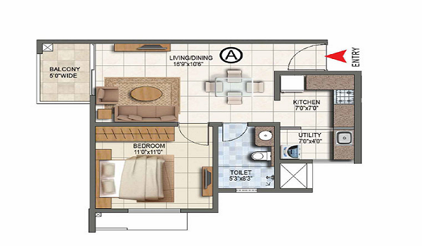 Prestige Raintree Park 1 BHK Apartment Floor Plan