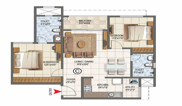 Prestige Raintree Park 3 BHK Apartment Floor Plan