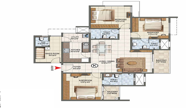 Prestige Raintree Park 3 BHK Apartment Floor Plan